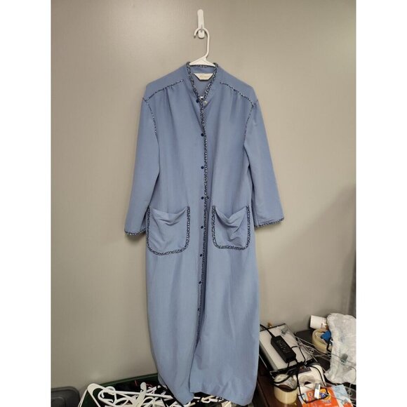 Vintage ROBEKomar Womens Velvet Like House Coat Blue Pockets Snap Buttons Large - Picture 1 of 7